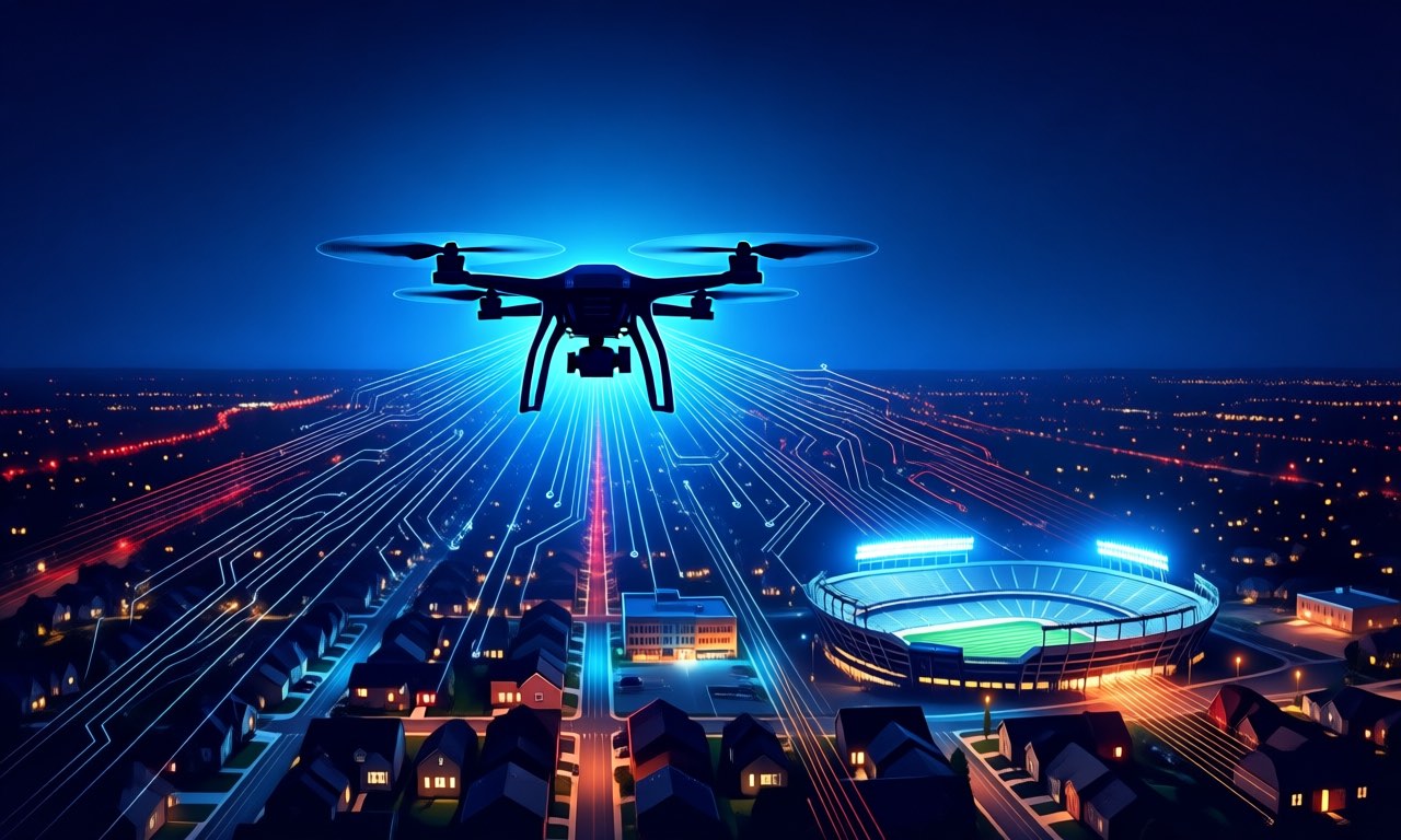 A small drone silhouette flying over a glowing city grid at night, circuit-trace light patterns spreading from it toward buildings and a stadium, red warning accents among blue lights