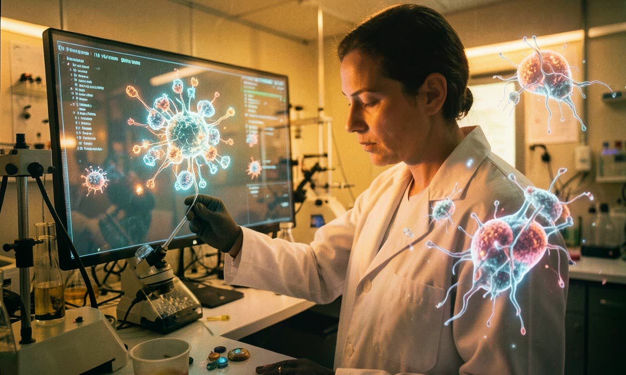 Laboratory scientist examining glowing protein structures on holographic display, AI-generated antibody models floating in foreground, warm lighting, documentary photography style