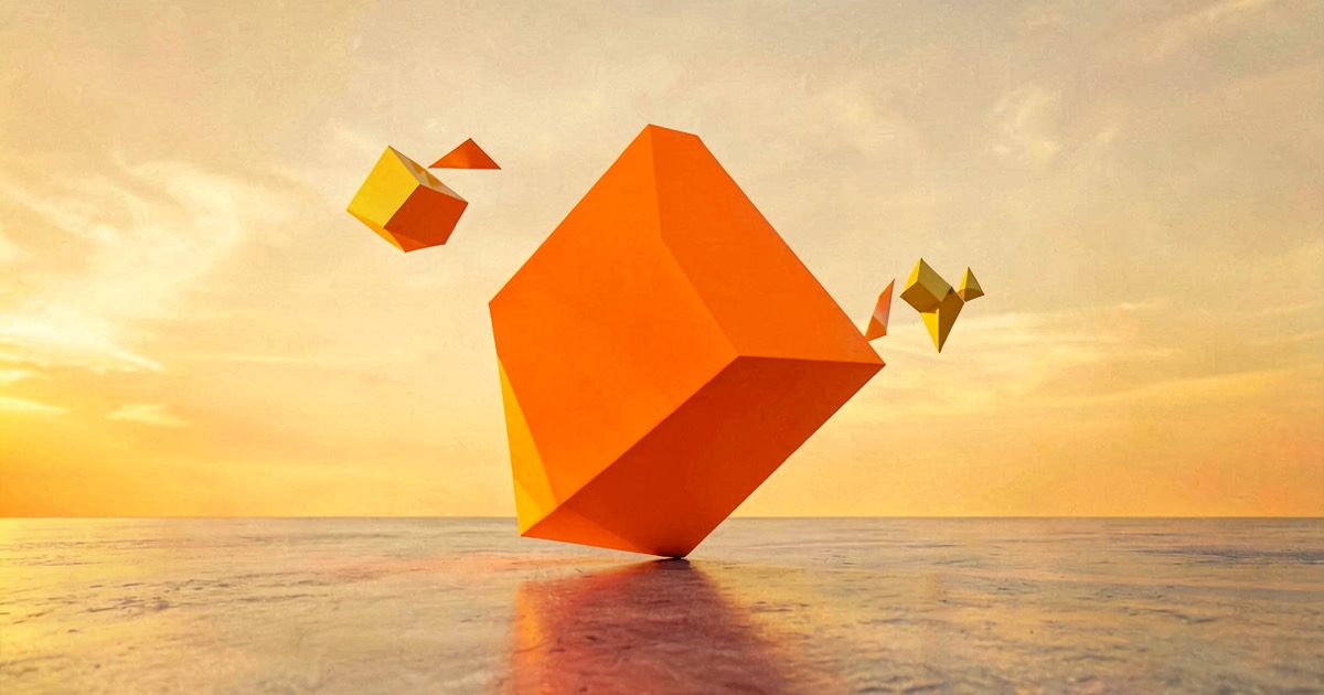 Abstract composition of a bright orange geometric shape rising from a polished concrete surface against a warm sunlit sky, with smaller golden shapes orbiting it, no text visible
