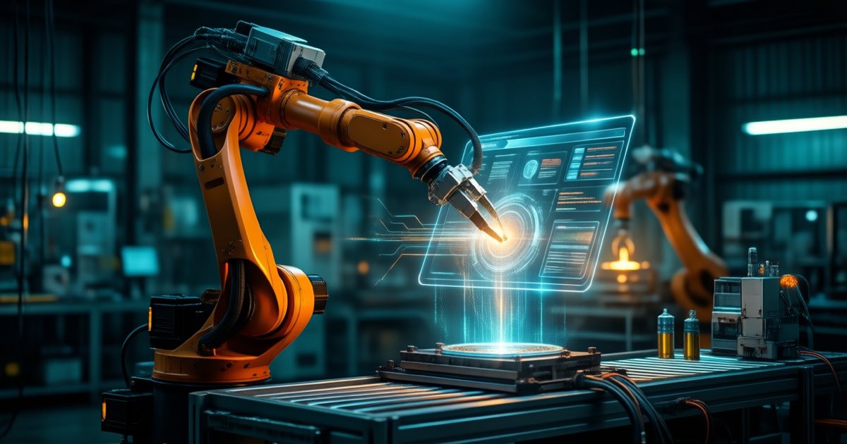 A robot arm mid-motion in a dark industrial robotics laboratory, manipulating a glowing translucent software interface, lit in deep teal and amber
