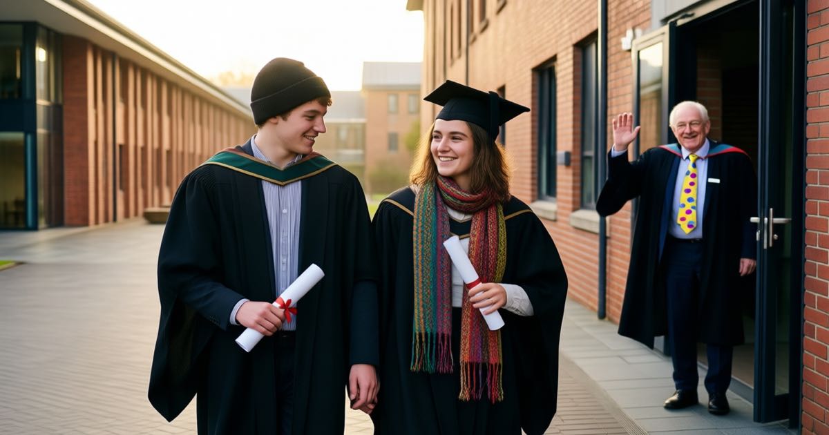 Two young New Zealand graduates in gowns, one in a beanie and one in a colourful scarf, carry rolled diplomas across a university courtyard at golden hour while a lecturer in a bright polka-dot tie waves from a doorway, documentary editorial photography