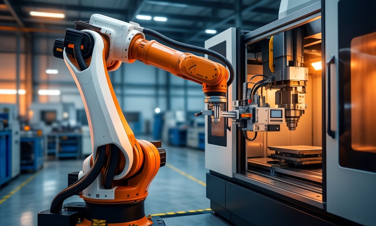 A sleek autonomous industrial robotic arm with white and safety-orange panels docking into a machine bay on a modern European factory floor, assembly hall in soft focus