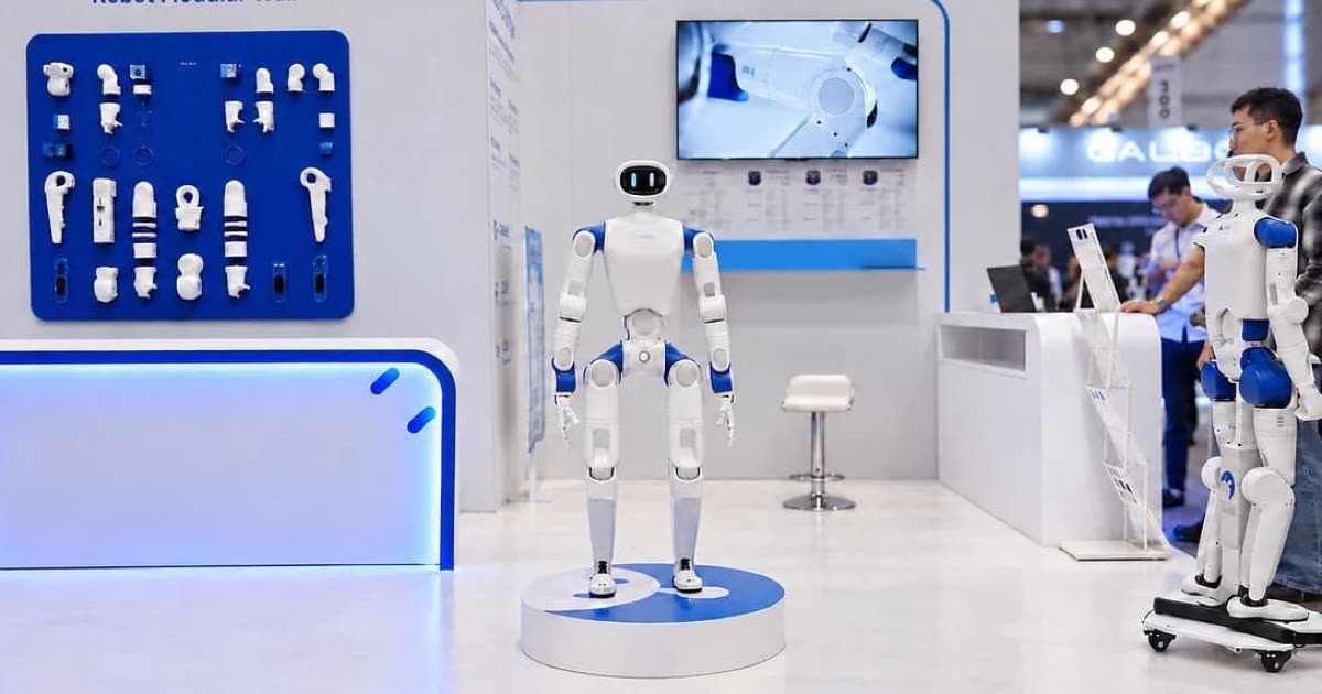 RoboParty's RP1 humanoid robot standing on a display plinth at its IROS 2026 booth, with a wall of modular robot components displayed behind it