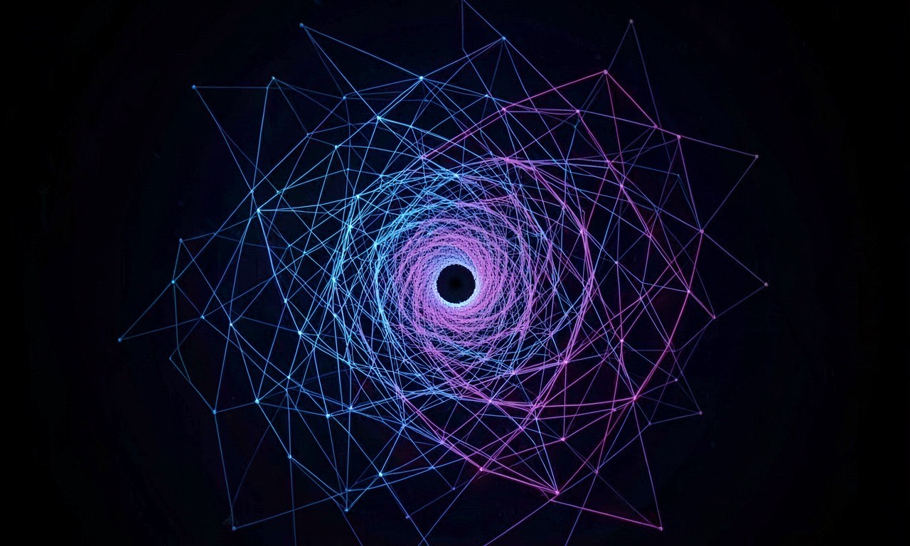 A recursive spiral of code feeding back into itself, glowing cyan nodes on a dark background, symbolizing self-improving AI systems