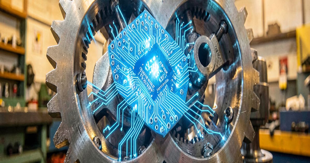 A gear mechanism with one cog replaced by a circuit board, symbolising AI code entering a human-built system