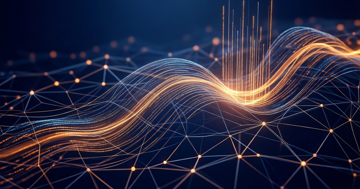 Abstract visualization of an enterprise AI reasoning model processing customer relationship data streams
