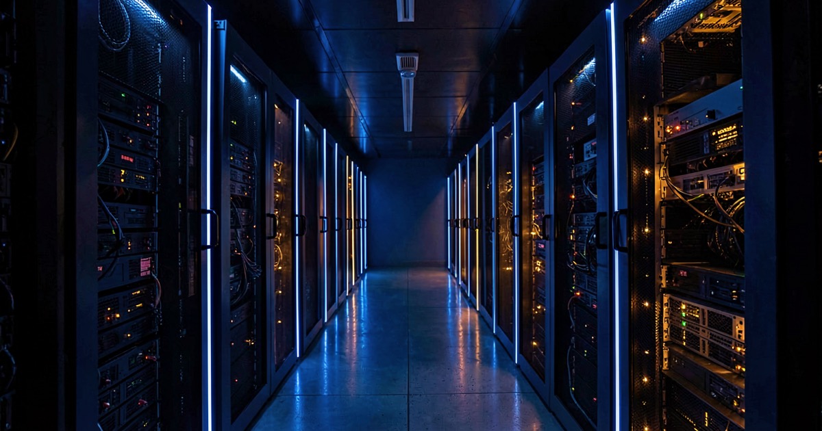 Rows of illuminated server racks in a dark data center with cool blue LED light strips and warm amber processor glow.