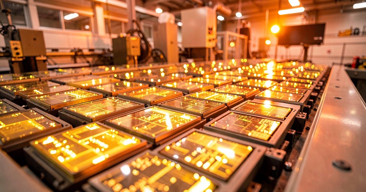 Rows of glowing AI memory chips on a production line, bright golden light reflecting off silicon wafers, warm vibrant factory lighting with orange highlights