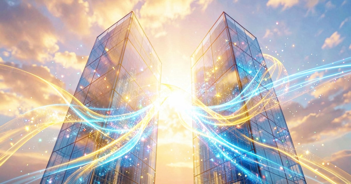 A bright vibrant abstract composition of interconnected glowing data streams in blue and gold flowing between two translucent glass towers under warm sunlit sky, no text visible