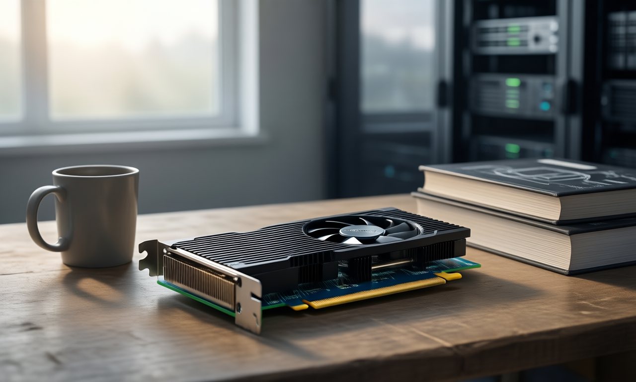 A small consumer graphics card on a wooden desk beside a coffee mug, soft window light, workshop setting