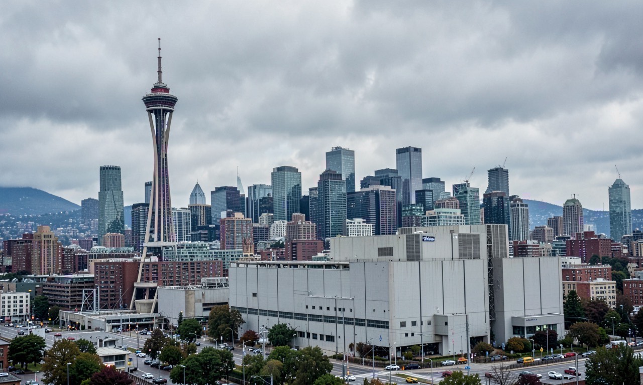 Seattle skyline with City Council chambers, data center infrastructure imagery, and cloudy Pacific Northwest sky