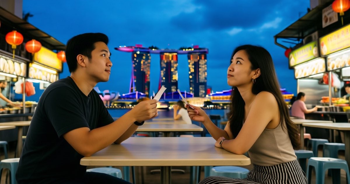 A man and a woman seated opposite each other at a table in an open-air Singapore hawker centre at dusk, each holding a small card and glancing aside, Marina Bay Sands and lanterns behind them, cinematic editorial photography