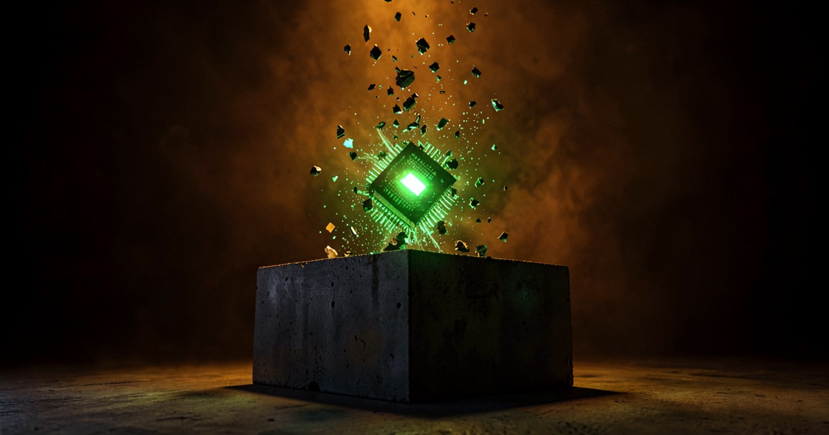 A dark concrete pedestal with a glowing green microchip dissolving into floating fragments against an orange mist, symbolizing the diversion of AI chips through illicit channels.