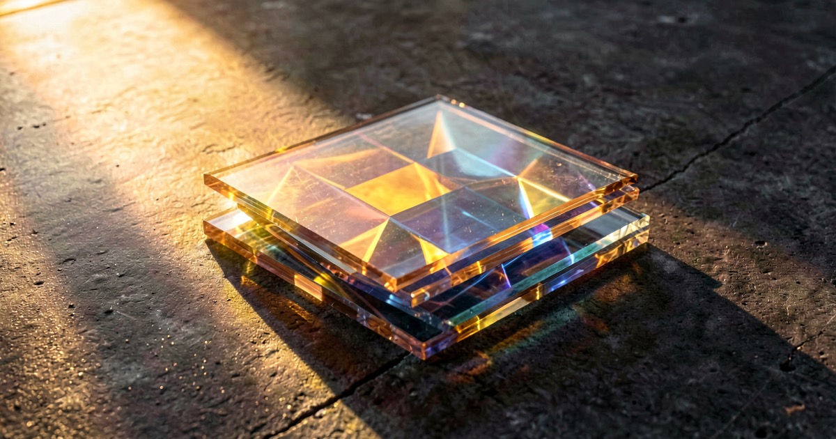Abstract composition of stacked translucent semiconductor wafers catching golden sunrise light on dark polished concrete with refracted prism patterns