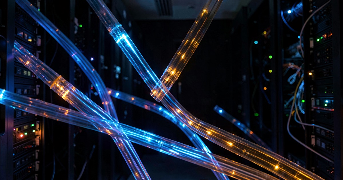 An abstract composition of glowing fiber optic cables in blue and amber light against a dark server room background