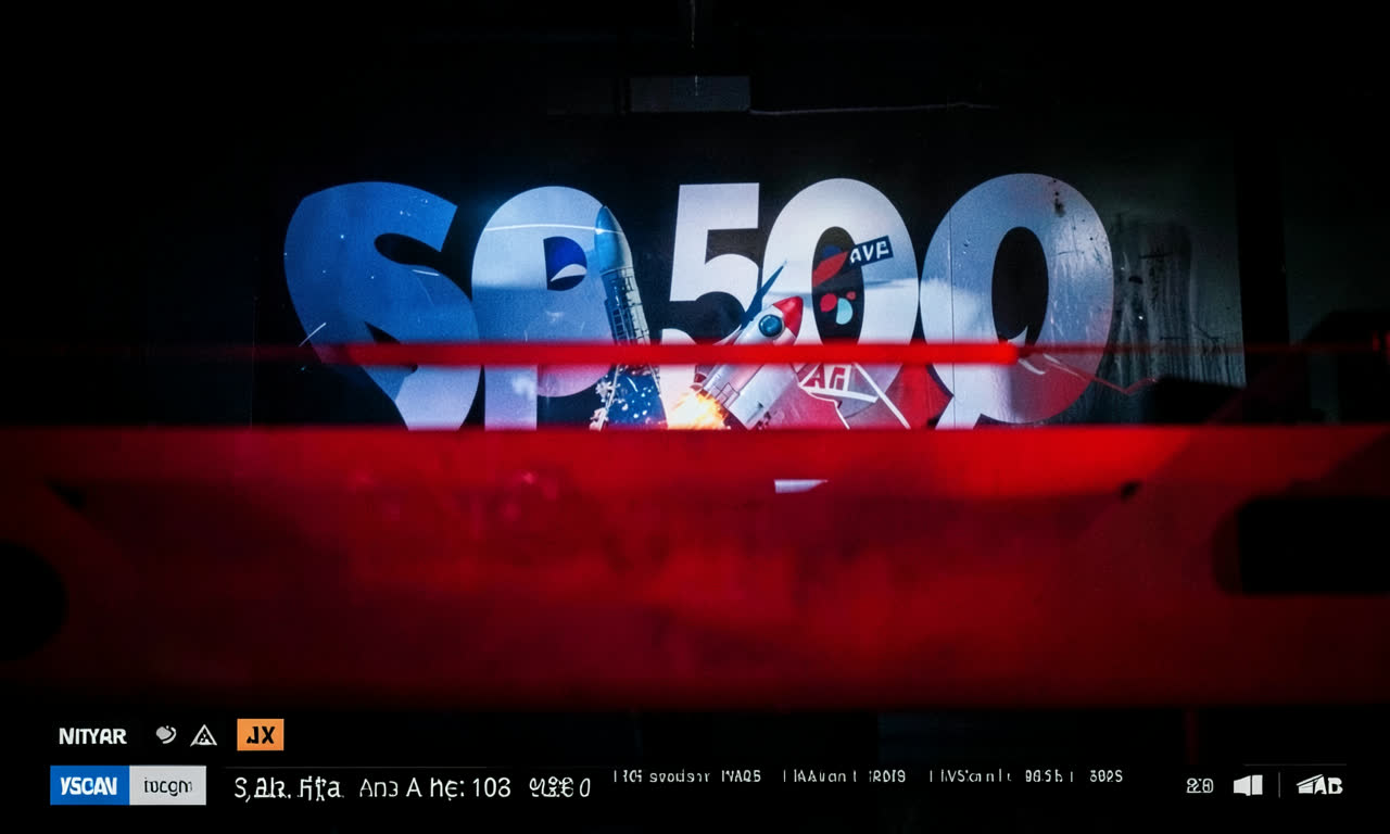 S&P 500 logo with SpaceX rocket and AI company symbols blocked by red barrier