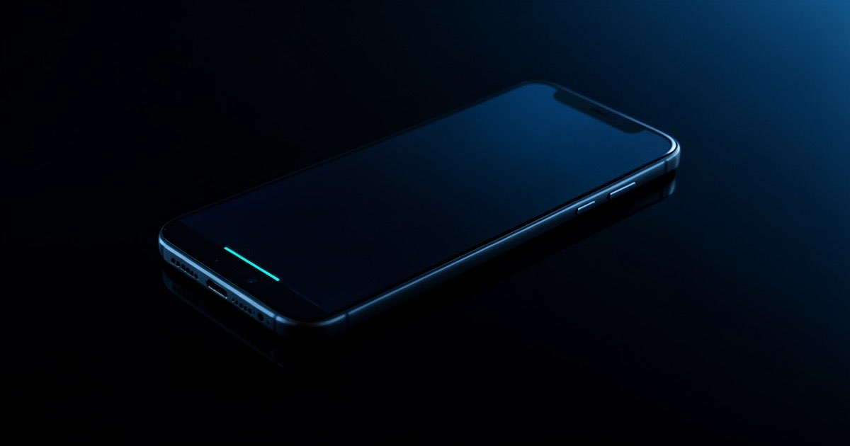 A sleek dark smartphone prototype on a reflective surface, glowing cyan interface elements, minimalist industrial design, dramatic studio lighting.