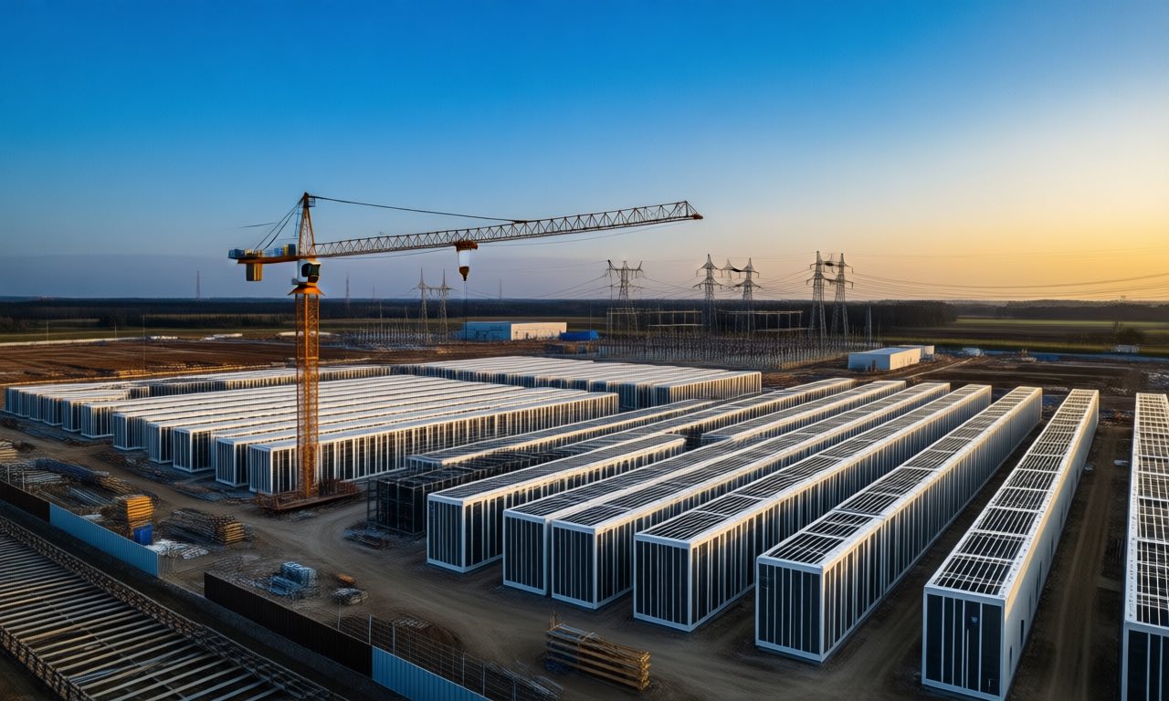 Construction cranes over a vast industrial site with rows of long white modular datacentre buildings at dusk, substation on the horizon