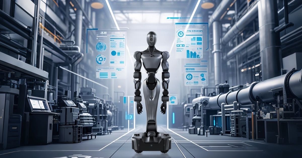 Spirit AI's Moz1 wheeled humanoid robot standing in a futuristic industrial facility surrounded by holographic data panels