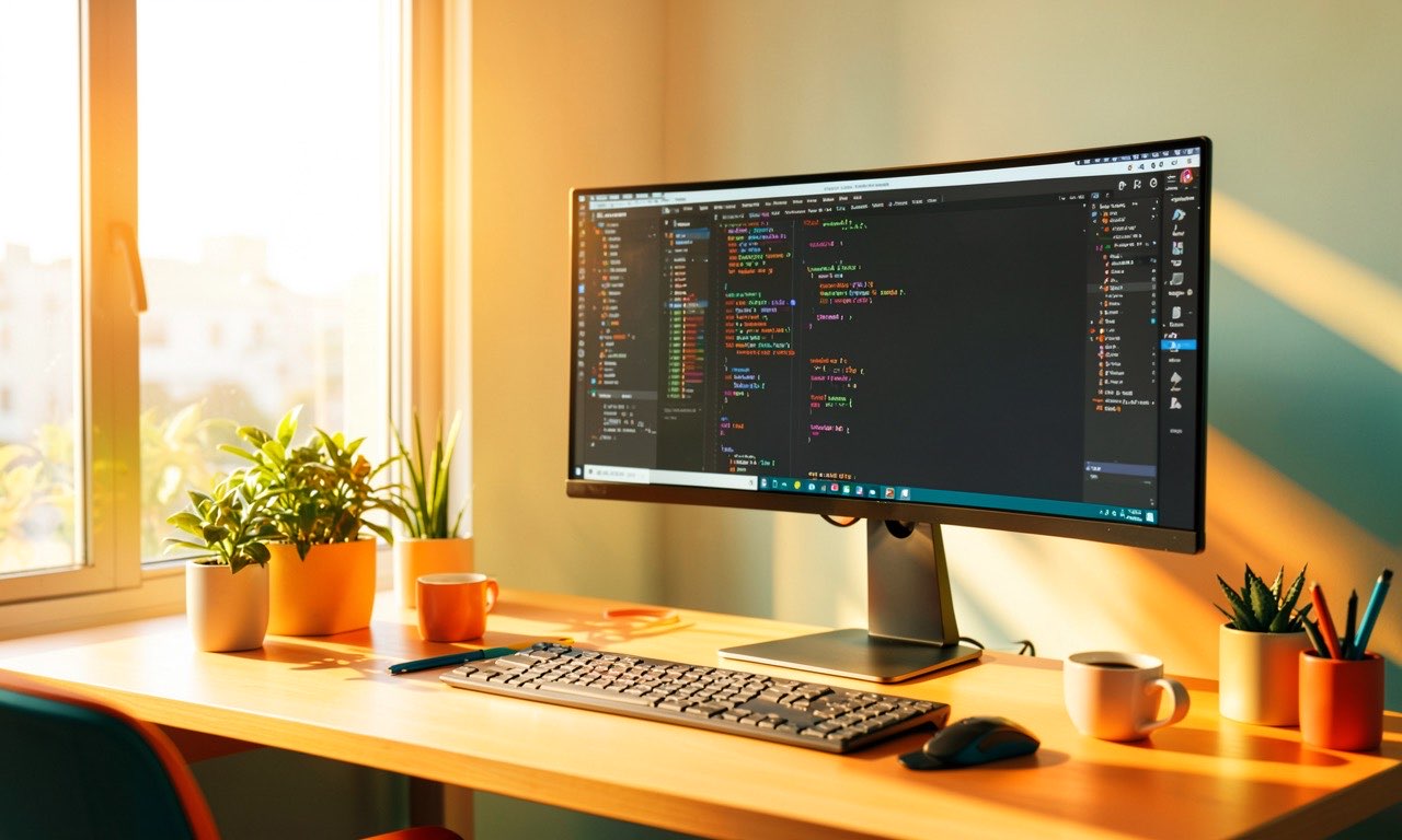 A bright modern developer workspace with warm sunlight, colorful code on a large monitor, plants and coffee on desk, vibrant and optimistic