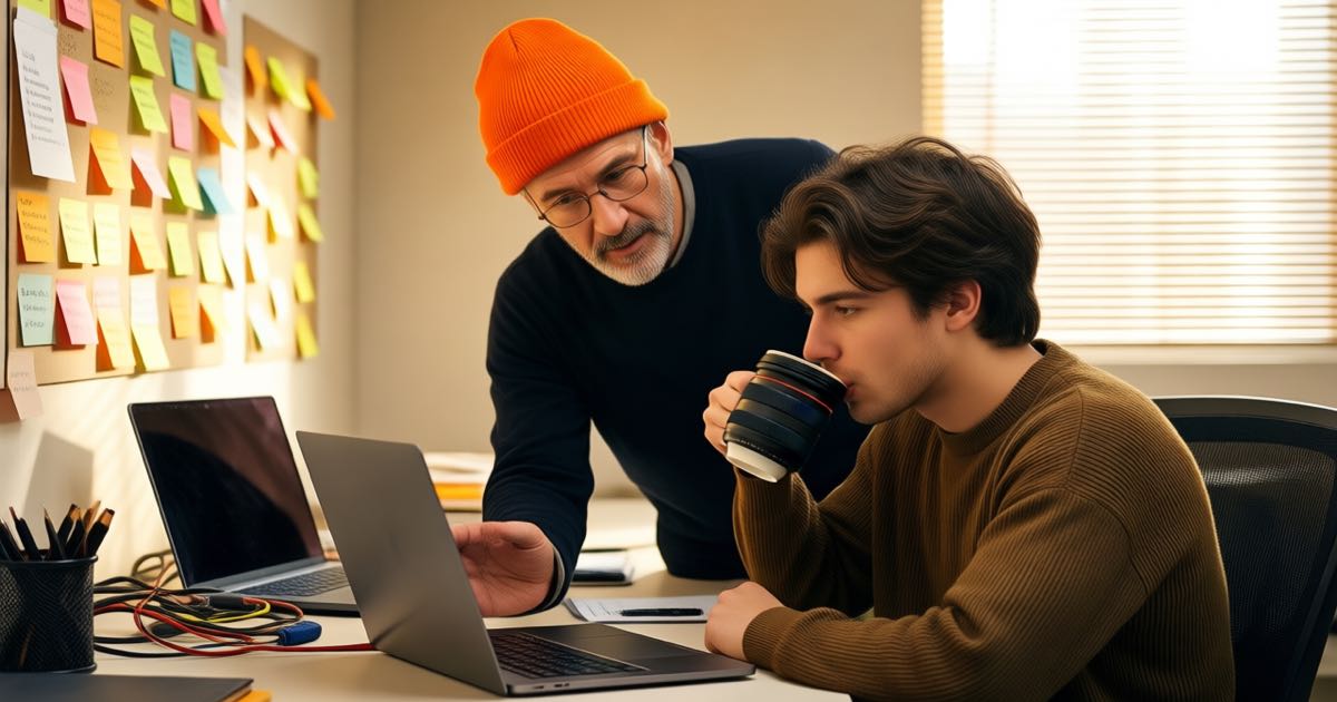 An experienced mentor in a bright workshop-style office guides a younger colleague at a shared desk with two laptops and a wall of sticky-note plans, the mentor wearing a bright orange beanie, the junior with a mug shaped like a camera lens, natural window light, documentary photography