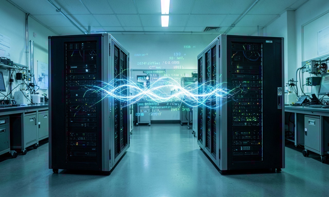 Two AI server racks with invisible energy flowing between them in a research lab