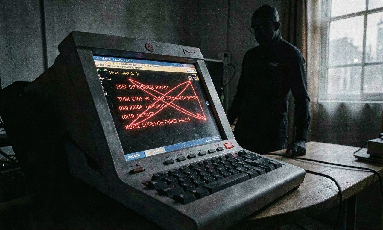A terminal screen showing a file copy approval prompt with a symlink arrow pointing elsewhere, dramatic red lighting, cybersecurity documentary style