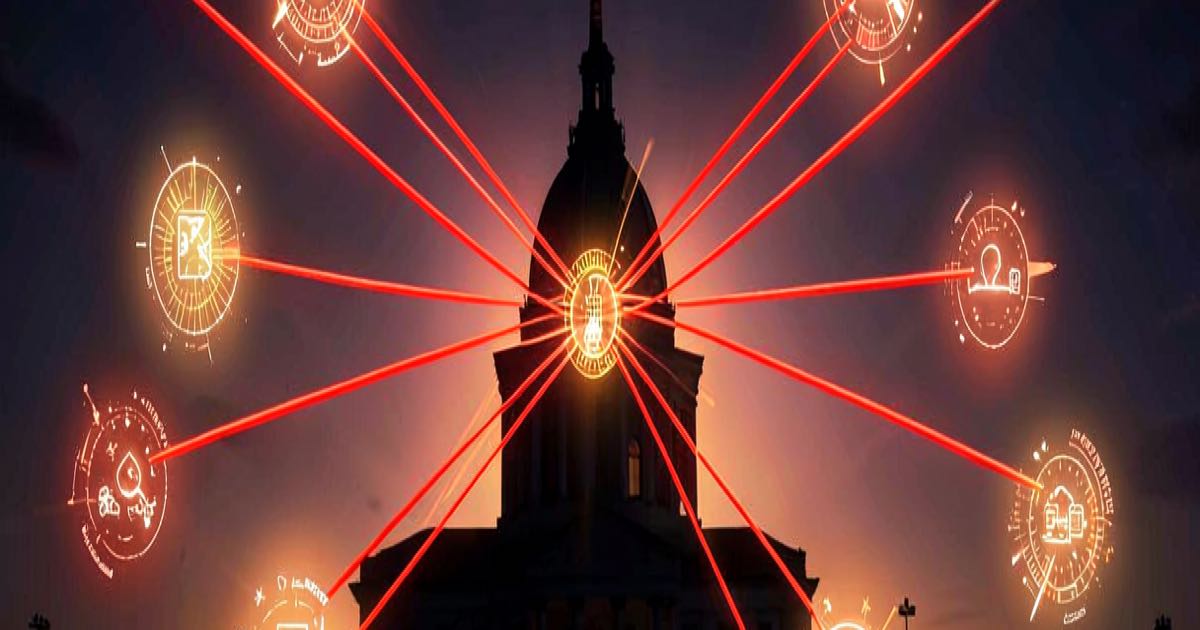 Abstract digital scene showing multiple glowing AI agent nodes converging on a government building silhouette, warm amber and red warning tones