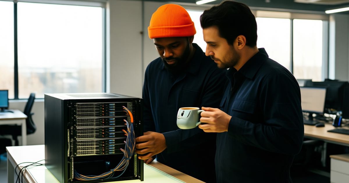 Two hardware engineers at a workbench examining an open server rack in a modern open-plan tech office, one wearing a bright orange beanie, warm natural window light, shallow depth of field, documentary editorial photography