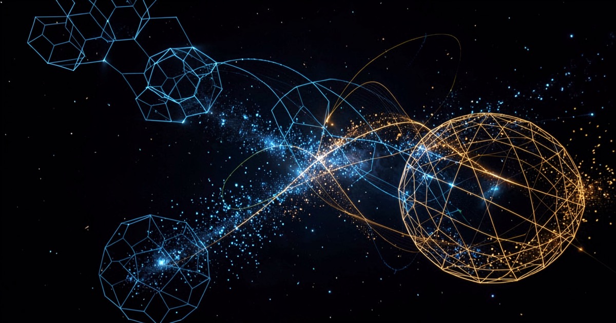 Abstract mathematical honeycomb patterns and spacetime diagrams floating in dark space, rendered in glowing blue and amber light