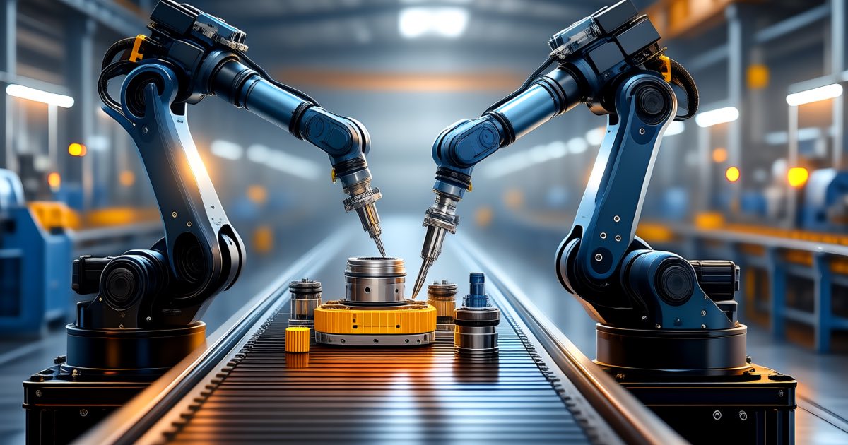 Humanoid robot components on a modern factory production line, robotic assembly arms working over precision parts under warm industrial lighting