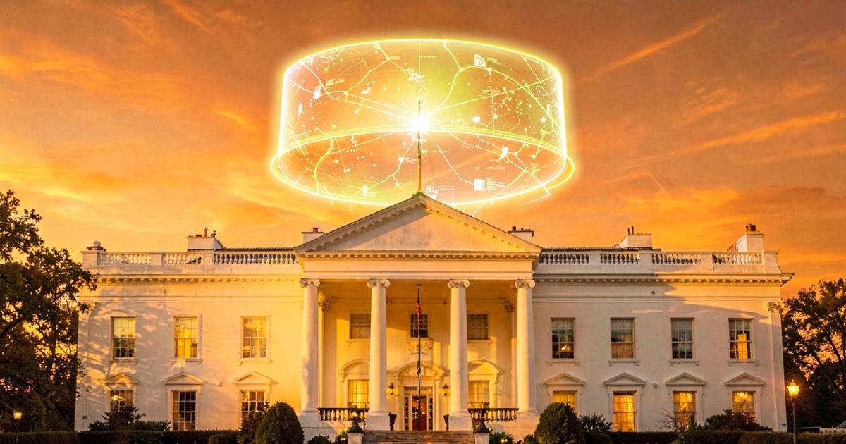 The White House with a glowing digital security shield flickering above it, warm golden sunset light reflecting off the building facade, vibrant amber sky