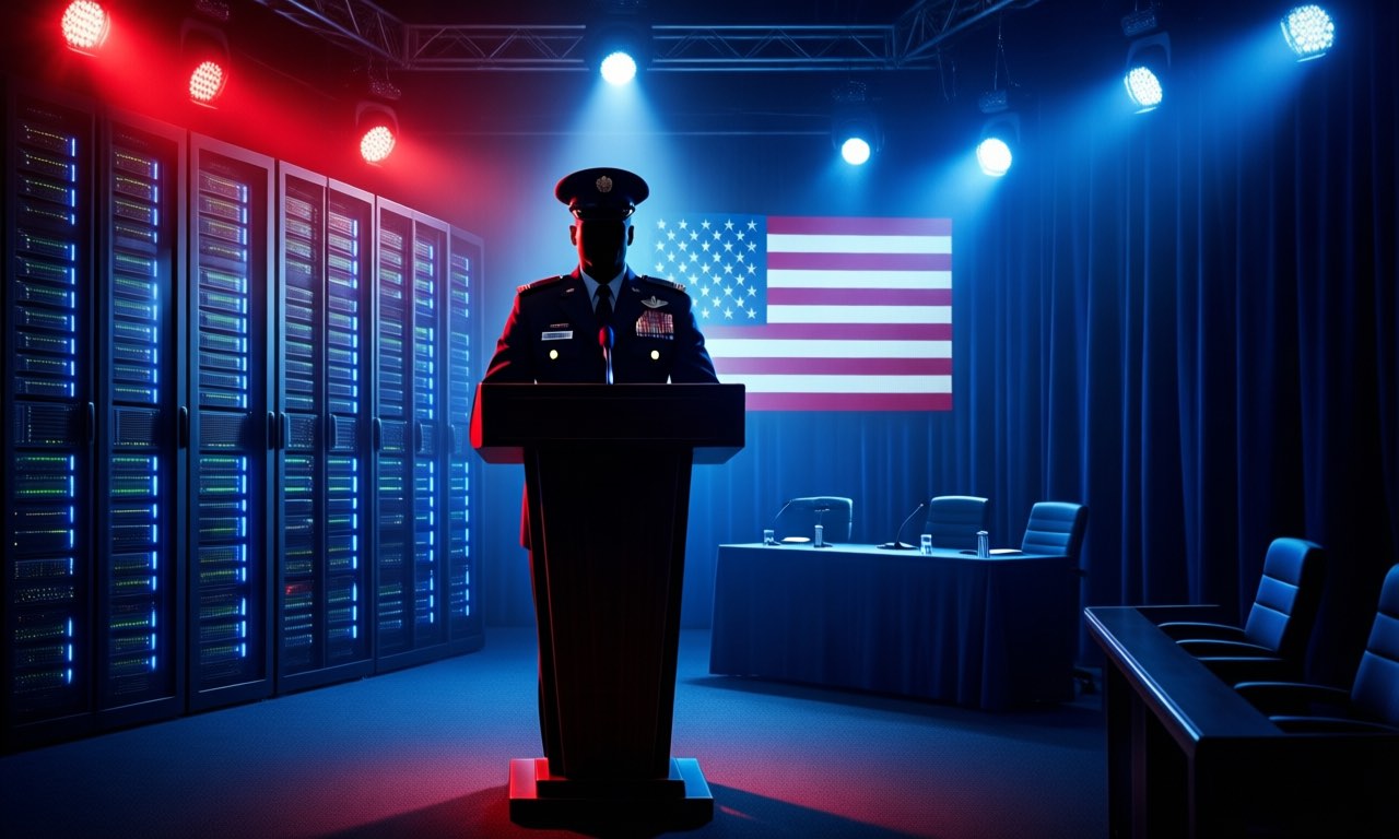 A silhouette of a uniformed officer at a briefing-room podium under red and blue stage light, a wall of glowing server racks and a faint holographic US flag behind him