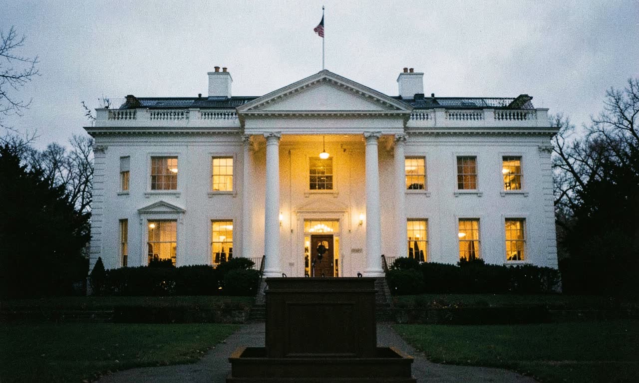 The White House at dusk with a single desk lamp glowing inside, empty podium in foreground, documentary photography, muted colours