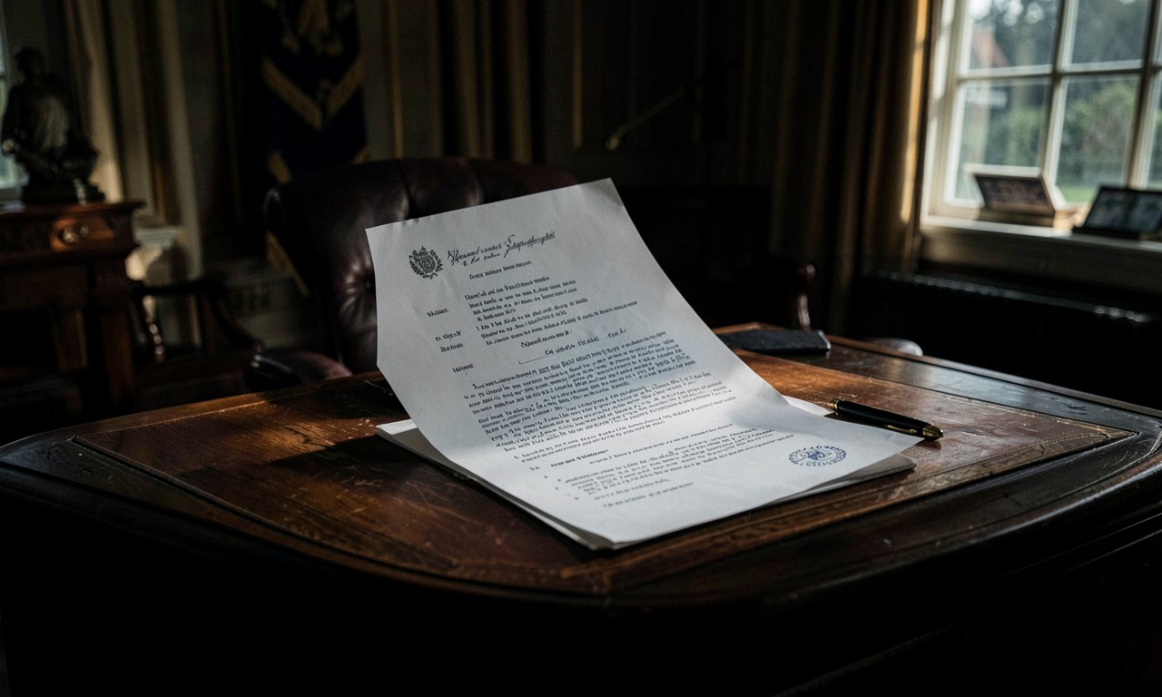A desk in the Oval Office with an executive order document being pulled back at the last second, pen set aside, dramatic shadows, documentary photography style