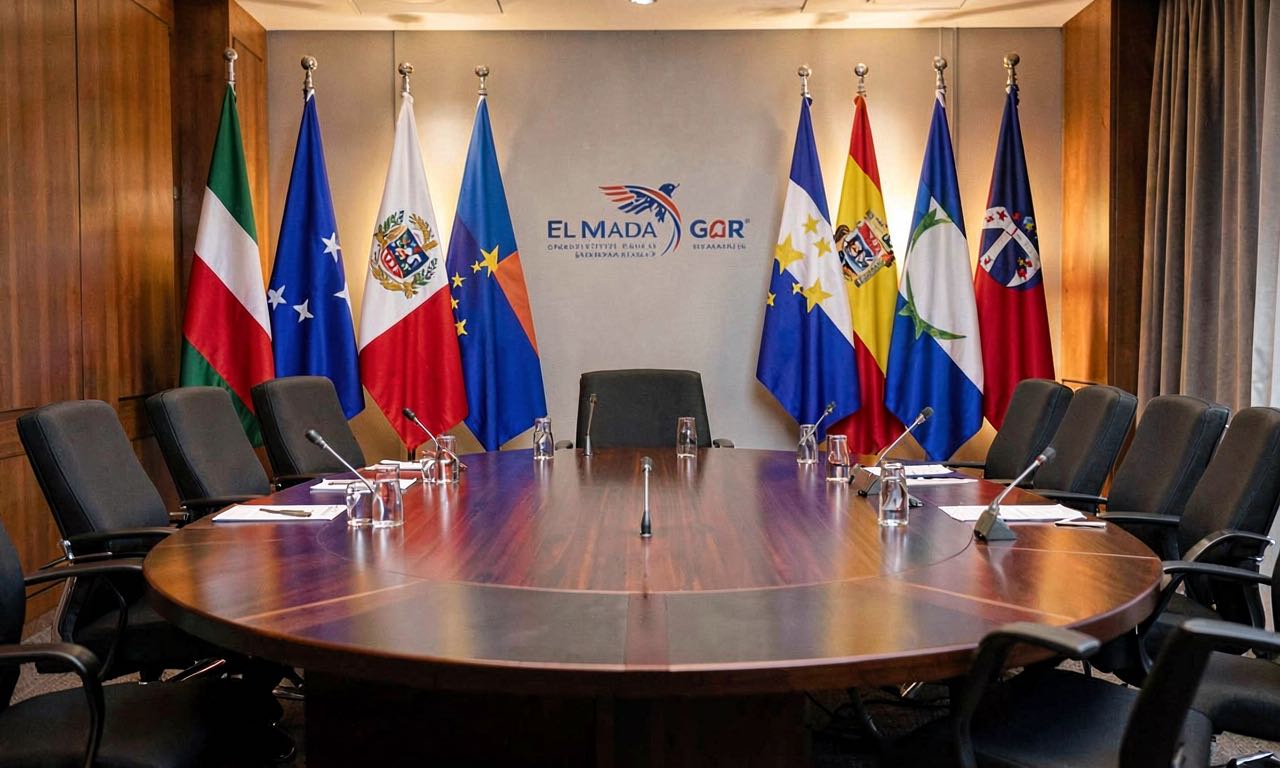An empty G7 summit table ringed with national flags, illustrating a diplomatic détente between the Trump White House and Anthropic CEO Dario Amodei.