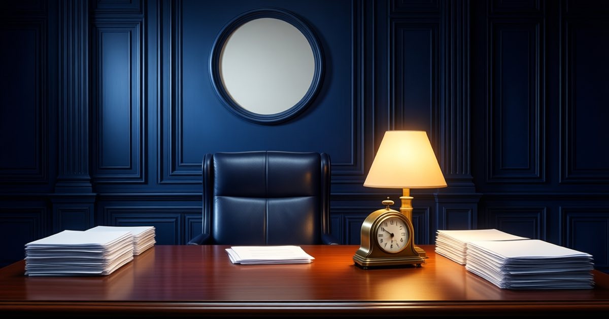 A dim navy-panelled briefing room with an empty leather chair at the head of a long wooden table, stacks of documents, and a brass clock glowing under warm lamplight