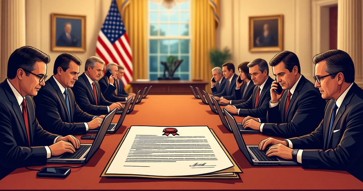 A long diplomatic table in a golden-lit state dining room with a dozen suited executives, a ribboned document lying at the centre and an American flag softly out of focus behind