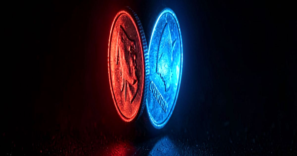 A coin spinning on a dark surface, one side glowing red representing danger, the other side glowing blue representing overcaution