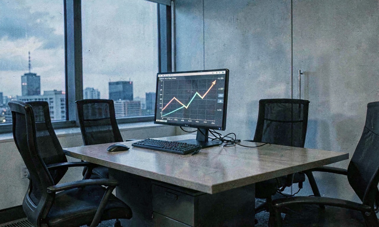 Corporate office with empty boardroom chairs and a single glowing AI terminal displaying budget charts