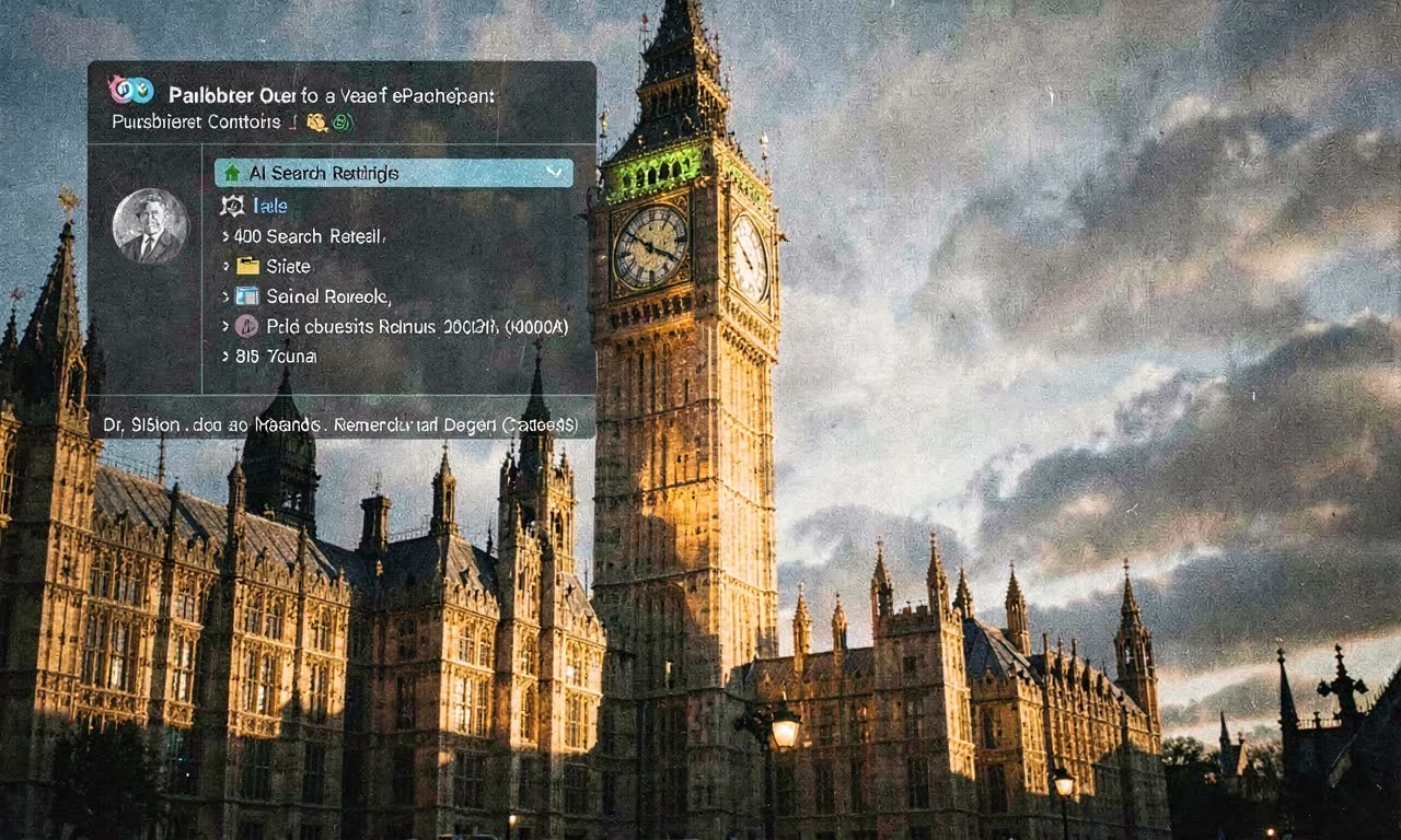 A British parliamentary building with digital overlay showing publisher controls and AI search results, dramatic lighting, documentary style