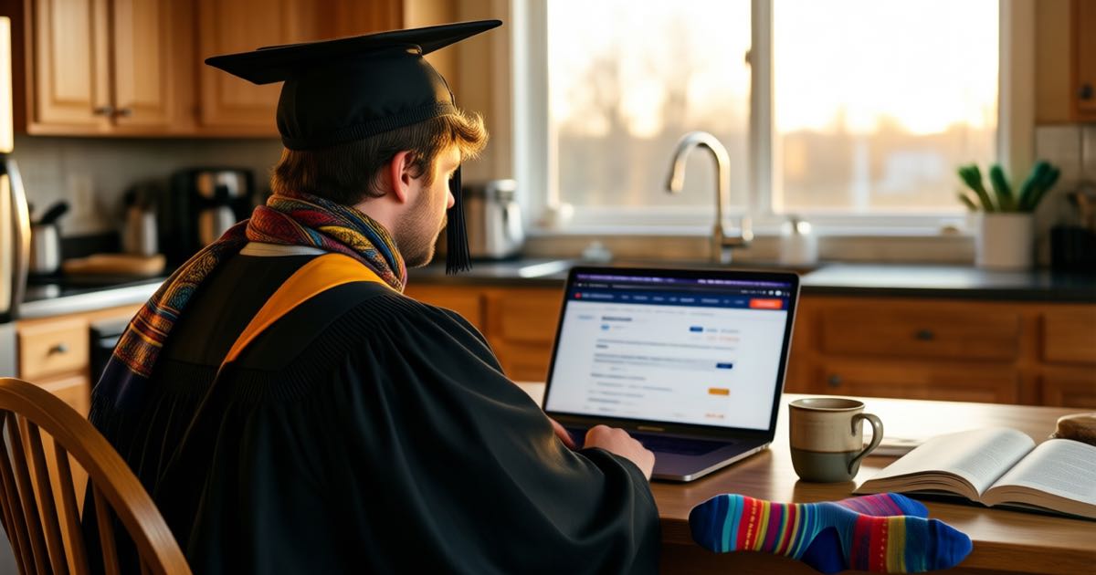A graduate in gown and cap with a colourful patterned scarf sitting at a kitchen table at golden hour, laptop open to a blurred job listing page, coffee mug and dog-eared textbook nearby