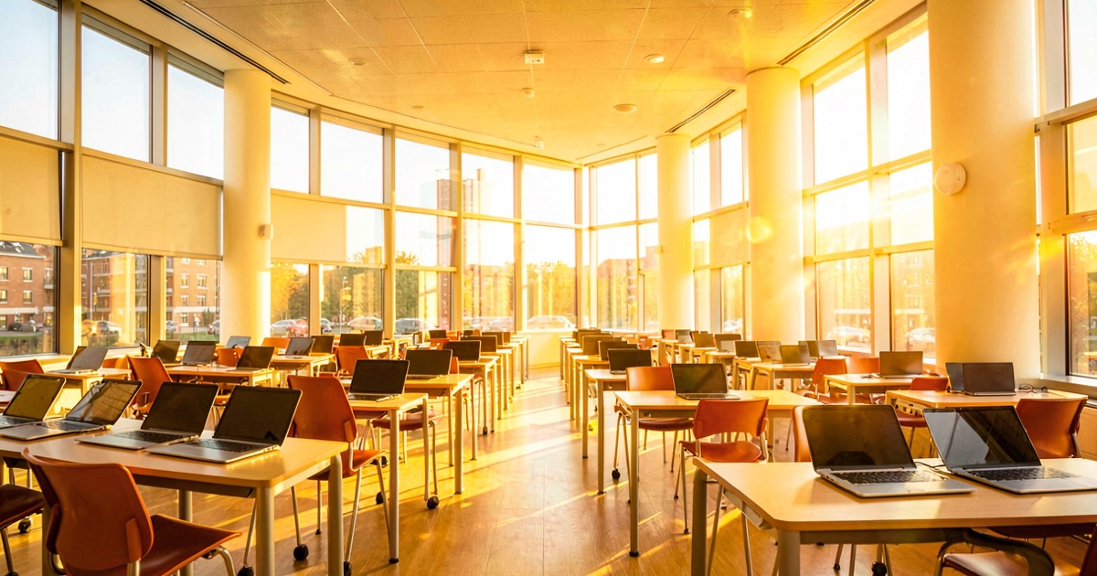 A bright sunlit university lecture hall with rows of desks and laptops, golden afternoon light streaming through large windows