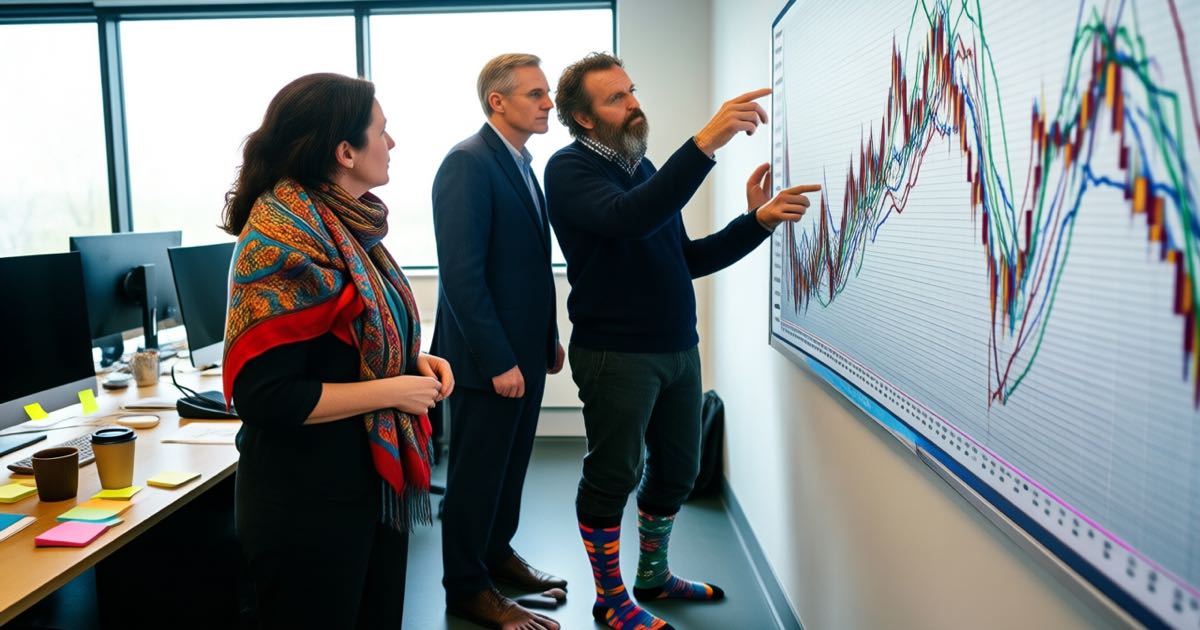 A diverse team of three analysts in a bright open-plan office reviewing a wall of line charts, one woman wearing a colourful patterned scarf, one man with mismatched patterned socks, mugs and sticky notes on the desks, natural window light, documentary photography