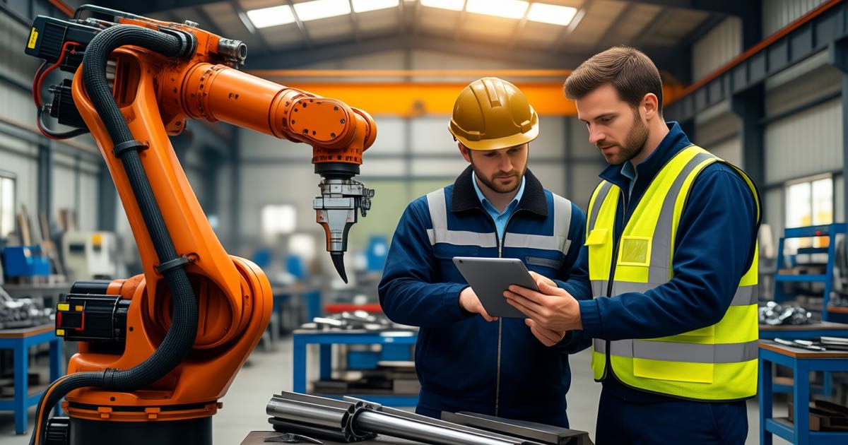 A technician in a mustard-yellow hard hat reviews a tablet beside an industrial robot arm on a factory floor while a colleague in a high-vis vest works nearby