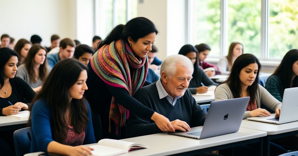 A woman in a colourful patterned scarf helps an older man with a laptop in a bright community college classroom full of adult learners, natural daylight