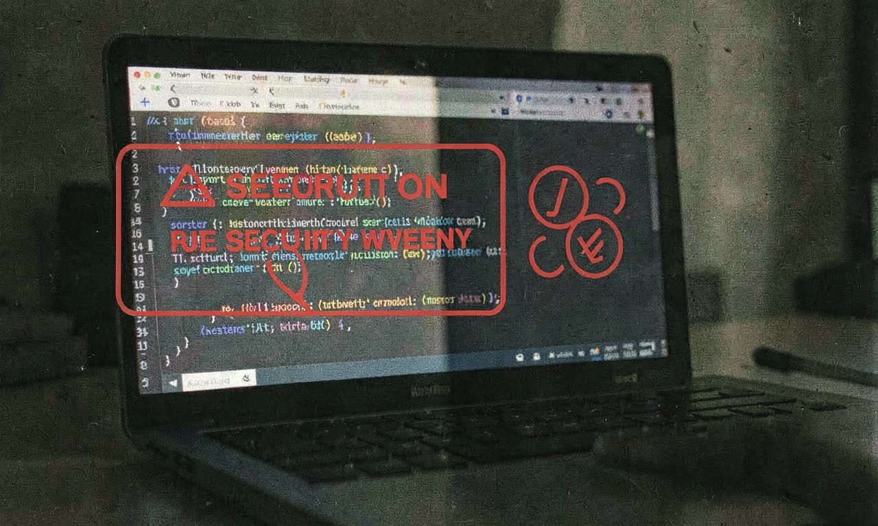 A laptop screen showing code with red security warning overlays, half the screen dark with warning icons, documentary style, muted colours