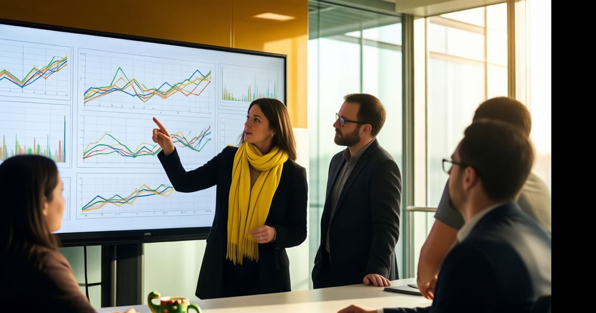 Three finance colleagues around a wall screen of simple colourful charts in a sunlit bank office, one pointing at a connected workflow diagram and wearing a yellow scarf, a dinosaur-shaped mug on the desk, documentary editorial photography