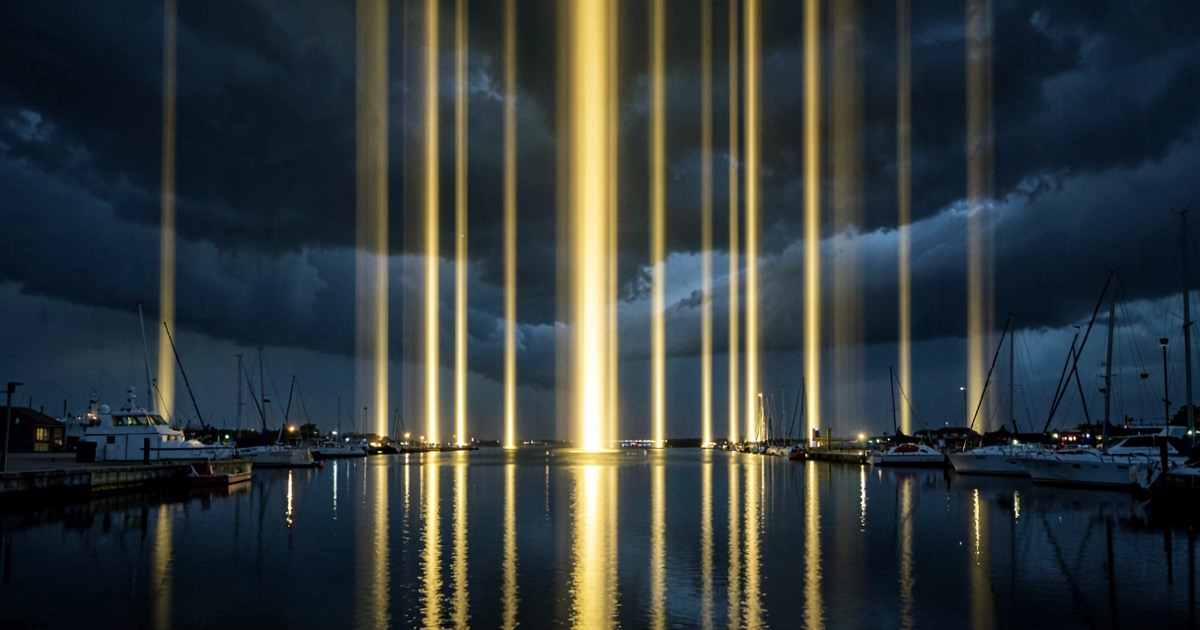 Abstract composition of vertical light beams rising against a dark sky over a reflective harbor surface, no text or logos visible