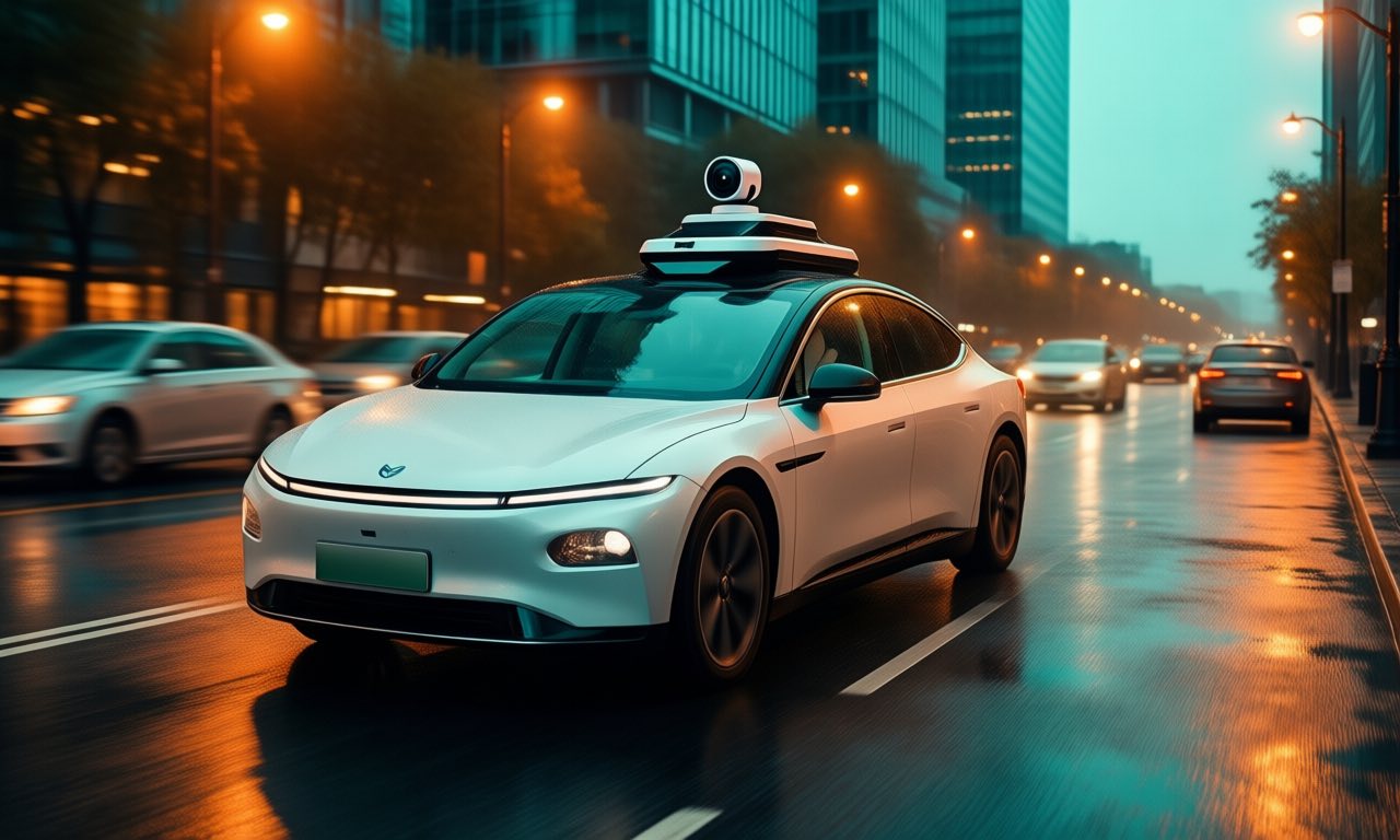 A white autonomous vehicle with roof-mounted lidar sensors driving on a city street at dusk, headlights reflecting on damp asphalt, no text